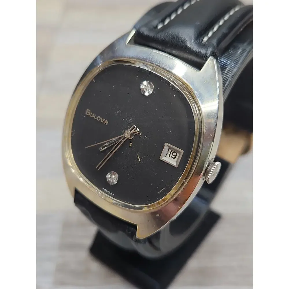Vintage Mens Bulova Watch Black Diamond Excellency.Runs But Needs Hands Service